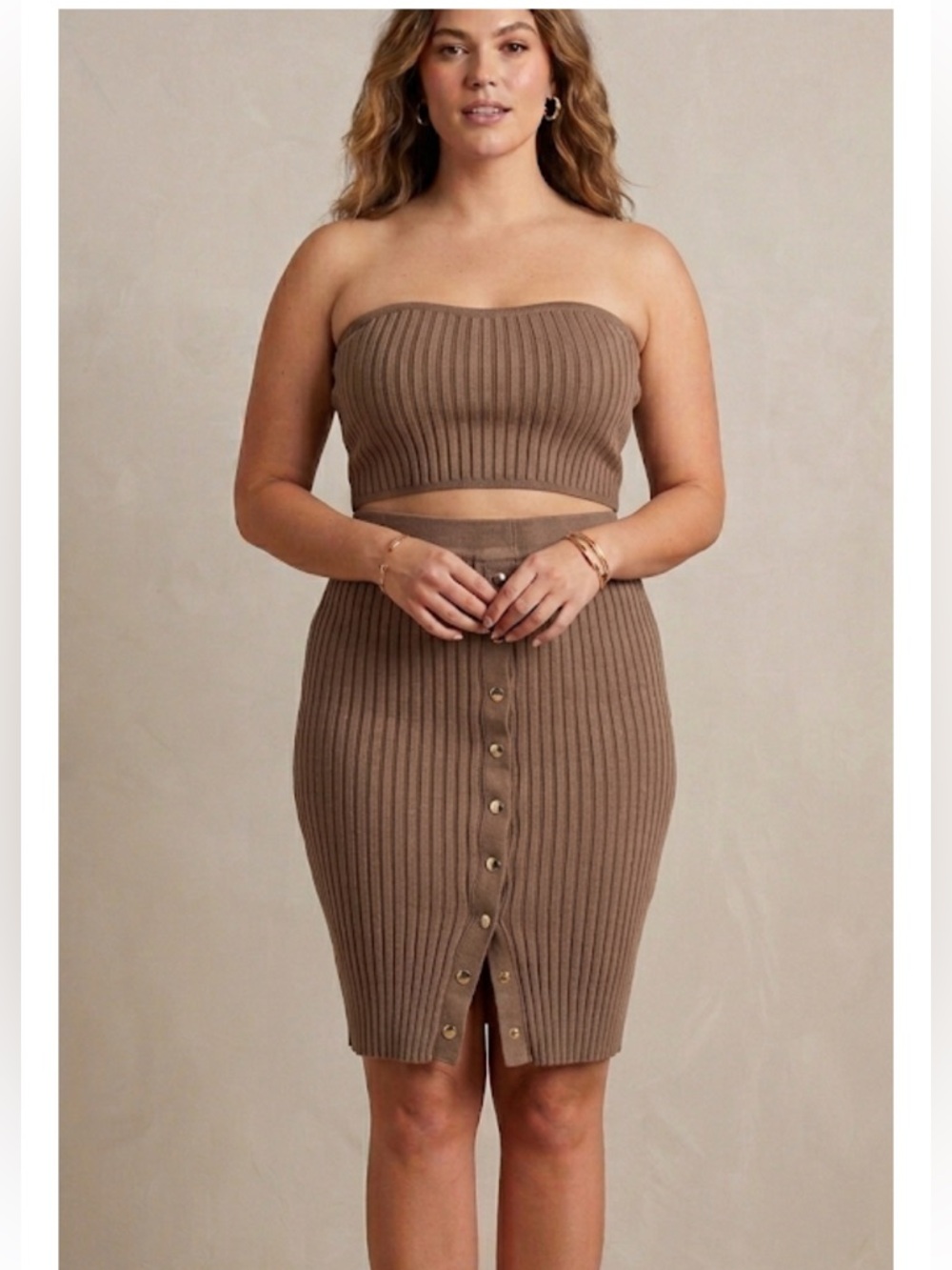 Room Service🤎 tan brown ribbed 2 piece bandeau & button down skirt set